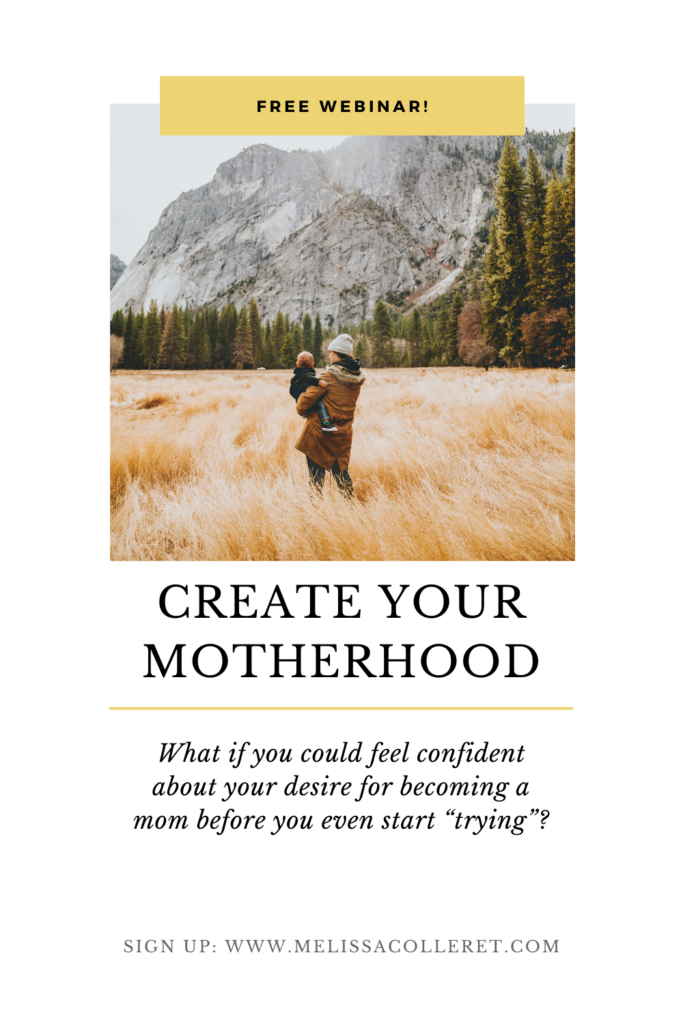 Woman in field holding baby to promote free webinar for aspiring moms