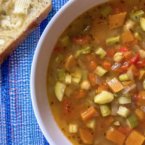 Winter vegetable chickpea soup with homemade bread