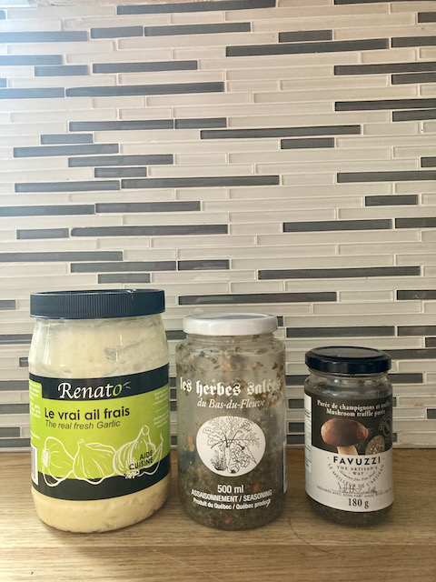 Québec made cooking products: minced garlic, salted herbs, truffle spread