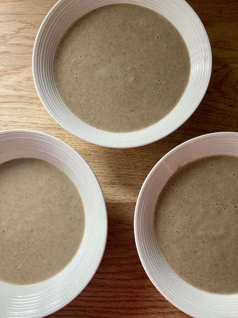 Three bowls of dairy-free mushroom soup
